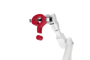 Tuinposter White robotic arm holding red question mark © vectorfusionart