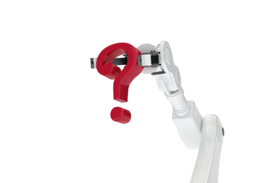 White robotic arm holding red question mark