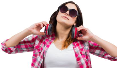 Casual brunette listening to music