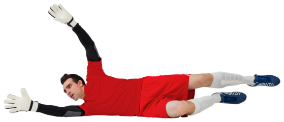 Goalkeeper in red making a save