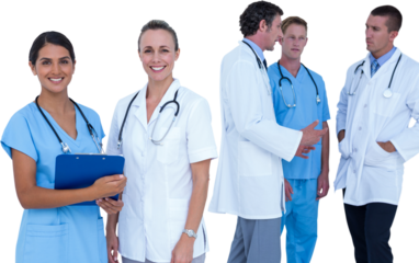 Portrait of smiling doctors with colleagues discussing 