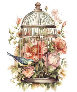 birdcage with flowers, bird in a cage. Created with generative Ai technology.