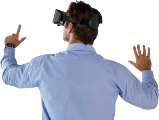 Rear view of businessman gesturing while wearing vr glass
