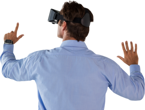 Rear view of businessman gesturing while wearing vr glass