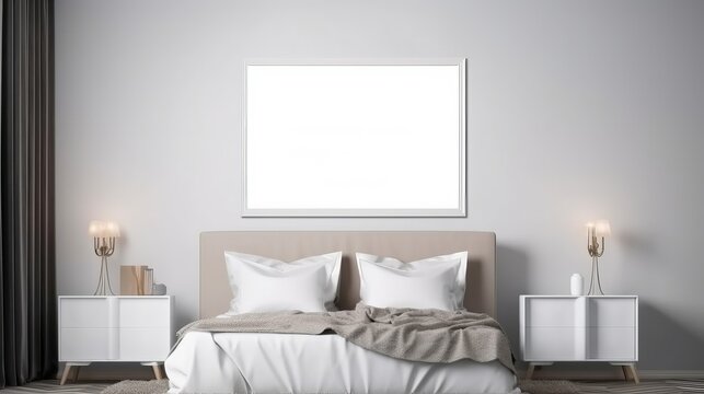blank Framed poster mocku above double size bed with furniture of minimal grey white tone,A comfort bedroom with small plant and lamp,A mocup for Abstract Art