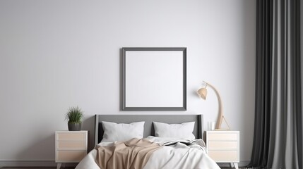 blank Framed poster mockup above double-size bed with furniture of minimal grey-white tone, A comfort bedroom with a small plant and lamp, and A mockup for Abstract Art.
