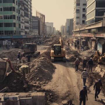 Busy Construction Site with Workers in Action