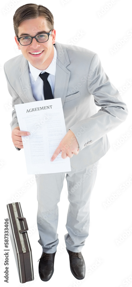 Poster geeky businessman showing contract to camera