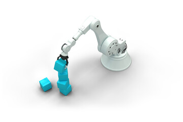 High angle view of robotic arm holding blue boxes