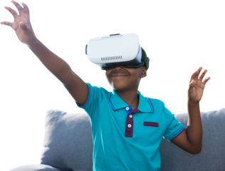 Smiling boy using virtual reality simulator