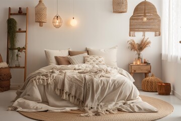 White boho bedroom with coffee table, straw light, and cozy bed with cushions, copy space. white draped bed. Scandinavian style room. domestic hygge. Generative AI