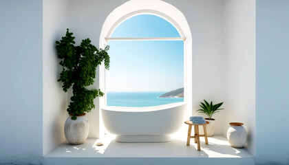 Indulge in a Santorini haven, with a pristine white bathtub nestled by an open window and potted plant, offering breathtaking ocean views and soothing tranquility. Generative AI