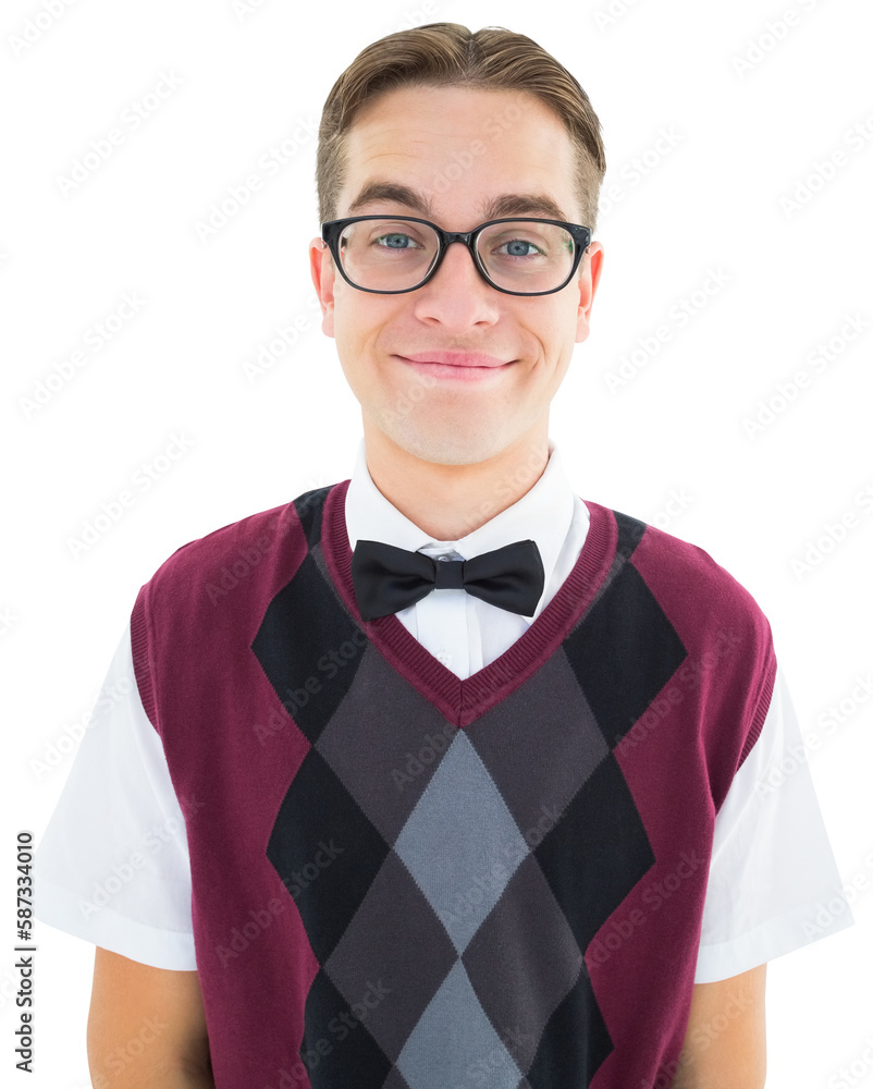 Poster smiling geeky hipster looking at camera