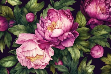 Pink Flowers with Green Leaves in a Beautiful Painting. Generative AI