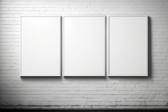 Template for the design of art works. Three white frames on a brick wall in an empty room. AI generated