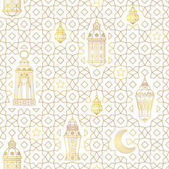 Vector golden seamless pattern with arabic lamps, crescent, stars. Gold geometric ornament, shining lanterns. Luxury wallpaper in Eastern style. Decoration for background for Muslim feast