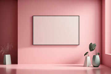 Blank frame on wall in a minimalist pink room or beauty salon. Template for Design. AI generated. Mock Up.