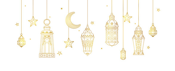 Vector Ramadan Kareem card. Golden vintage banner with  lanterns, stars, crescent for Ramadan wishing. Arabic lamps. Islamic background.