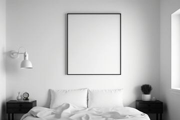 Blank frame on White Wall in bedroom. Template for Design. Mock Up. AI generated