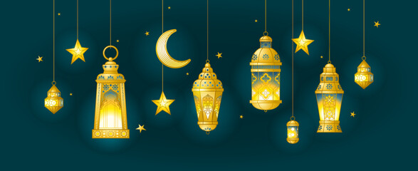 Vector Ramadan Kareem card. Golden vintage banner with  lanterns, stars, moon for Ramadan wishing. Arabic lamps. Islamic background.