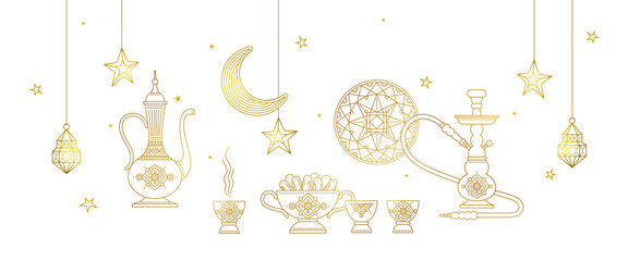 Vector illustration for Iftar party celebration. Gold card with lantern, arabic coffee mug, stars, arch. Invitation for Muslim feast