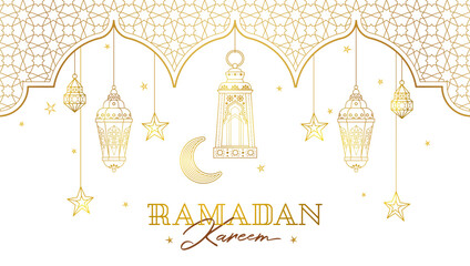 Vector Ramadan Kareem card. Golden vintage banner with  lanterns, stars, crescent for Ramadan wishing. Arabic lamps. Islamic background. Illustration. - obrazy, fototapety, plakaty