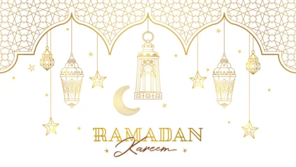 Foto op Plexiglas Vector Ramadan Kareem card. Golden vintage banner with  lanterns, stars, crescent for Ramadan wishing. Arabic lamps. Islamic background. Illustration. © Anna Pogulyaeva