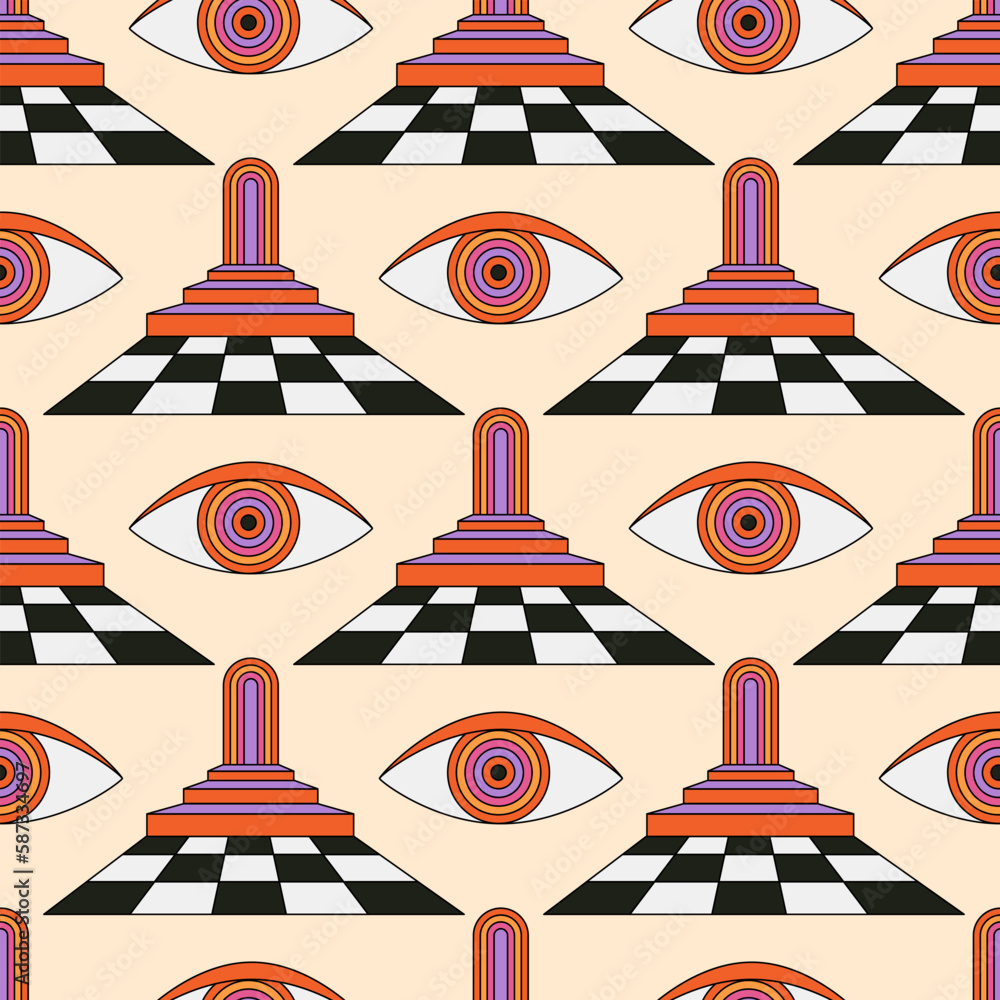 Poster seamless pattern with abstract psychedelic eye and checkered tile. background in 70s and 80s style. 