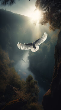 White Eagle Flying High Above a River Canyon - AI Generated Image