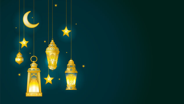 Vector Ramadan Mubarak premade card. Vintage banner, template with gold crescent, lanterns, stars for Ramadan wishing. Place for text. Islamic background