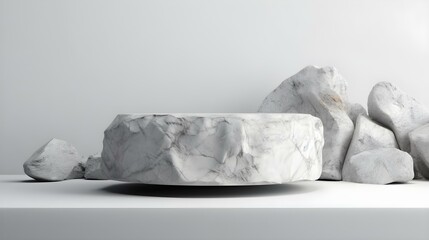 3D Gray Rock Pedestal with White Abstract Studio Background for Cosmetics or Beauty Product Promotion Mockup
