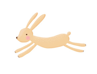 Cute Little Running Bunny. Lovely Nursery Vector Art with Sweet Brown Rabbit on a White Background. Hand Drawn Cartoon Bunny Print ideal for Card, Wall Art, Poster, Greetings. Lovely Jumping Rabbit.