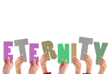 Cropped hands holding colorful word eternity