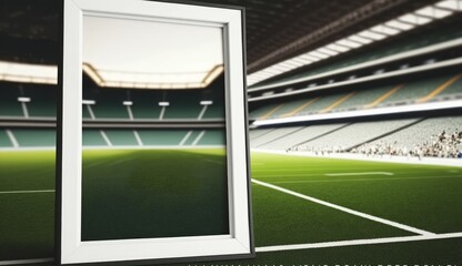 A photo mirror frame mockup inside a football stadium, A mockup of sports football and soccer match, a Champion template photo, green football field morning light with copy space