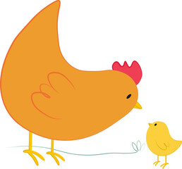Vector illustration of orange chicken and little yellow chick characters in cartoon style. Digital  clipart with farm  hen and chick for Easter design