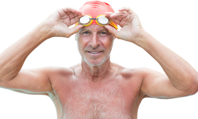 Close up portrait of senior man with swimming goggles