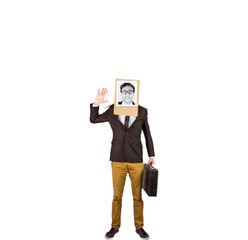Businessman with photo box on head