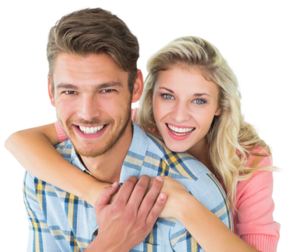 Attractive couple embracing and smiling at camera - Powered by Adobe