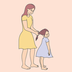 Mother is braiding daughter’s hair. Mom and daughter together. Mother’s Day theme. Vector art