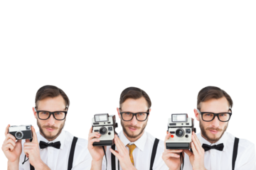 Multiple portrait image of handsome man holding old fashioned camera