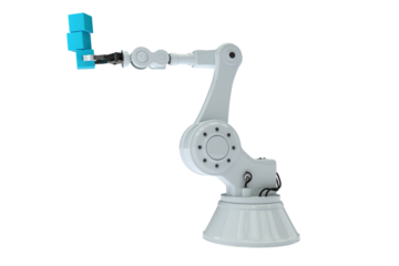Illustration of robotic arm holding stack of blue boxes