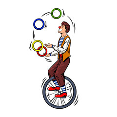 Circus juggler on unicycle pop art PNG illustration with transparent background © Oleksandr Pokusai