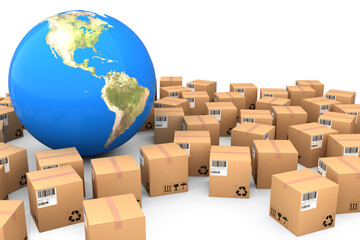 Digital composite image of boxes with globe