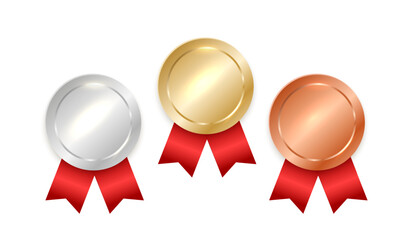 Blank medals. Empty gold silver bronze medal set. Vector metal winner symbols.