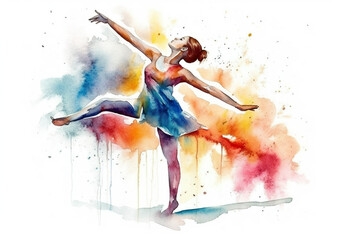 Watercolor abstract representation of rhythmic gymnastics. Rhythmic gymnastics player in action during colorful paint splash, isolated on white background. AI generated illustration.