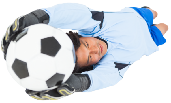 Goalkeeper holding ball while lying down