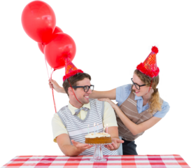 Geeky hipster couple celebrating his birthday