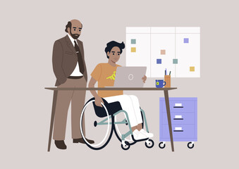 Inclusive workspace environment, A senior manager supervising an intern in the office