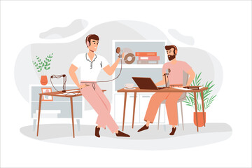 Recording audio podcast orange concept with people scene in the flat cartoon design. Presenter invited a famous person to the radio studio to record a podcast.