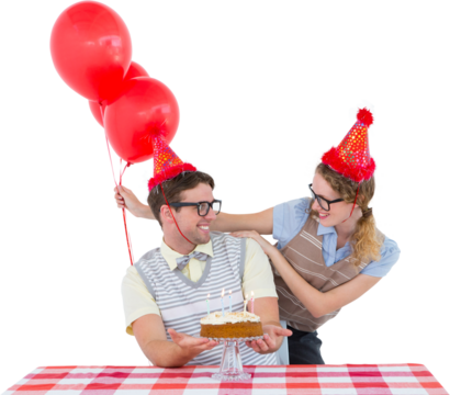 Geeky hipster couple celebrating his birthday 